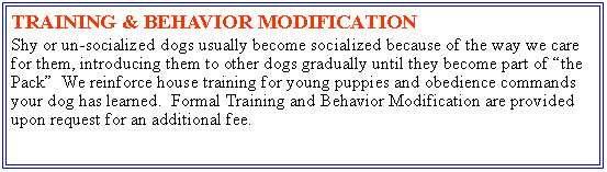 Text Box: TRAINING & BEHAVIOR MODIFICATIONShy or un-socialized dogs usually become socialized because of the way we care for them, introducing them to other dogs gradually until they become part of the Pack  We reinforce house training for young puppies and obedience commands your dog has learned.  Formal Training and Behavior Modification are provided upon request for an additional fee. 